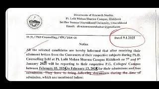 PHD ADMISSION DATE ANNOUNCED IN SRI DEV SUMAN UTTRAKHAND UNIVERSITY HURRY UP