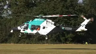 Kent air ambulance AW169 departure from Whitley Village, Surrey - jetblast - 3/9/23 4K