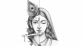 Radha Krishna Half Face Drawing - Easy step by step | Radha Krishna Drawing image | Krishna Drawing
