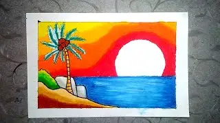 HOW TO DRAW SUNSET BEACH | CARA MENGGAMBAR DAN MEWARNAI PEMANDANGAN SUNSET
