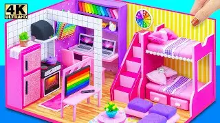 ❤️ DIY Miniature House with Bathroom, Bunk Bed, Kitchen for two from Polymer Clay & Cardboard