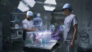 Diverse male surgeons in AR headsets work in operating room