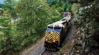 BIG DOUBLE STACK TRAIN THRU THE CANYON CURVES & TUNNEL AT SADDLE ROCK!
