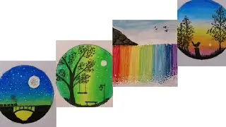 Four Scenery drawings in circle using Oil Pastel || Oil Pastel drawing in circle.