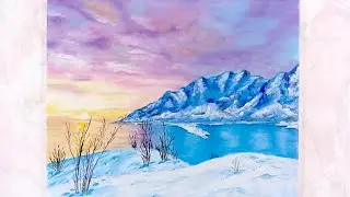 Рисование зимнего пейзажа с горами и рекой