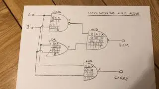 Half adder logic gate, truth table and breadboard circuit with NPN transistors