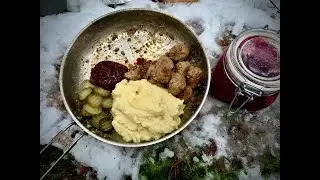 Making lingonberry jam and cooking some Swedish meatballs with a gas stove in the rain.