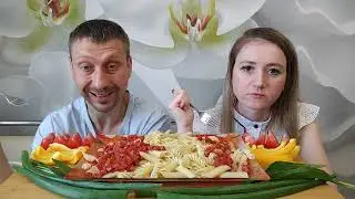 МУКБАНГ МАКАРОНЫ С КОЛБАСОЙ И ЛЕЧО, ОВОЩНАЯ НАРЕЗКА / ВСЕМ ЗДРАВСТВУЙТЕ) |  MACARONI WITH  SAUSAGE