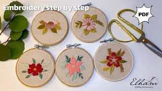 Embroidery 5 hoops step by step for beginners PDF Pattern: “ Top 5 flowers “ 2024