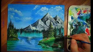 Ель и горы. Рисунок акрилом.Spruce and mountains. Acrylic drawing.トウヒと山。 アクリル絵具。