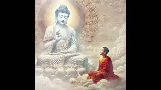 佛陀面带温和的微笑，坐在云台上，散发着慈悲。一位年轻的僧人虔诚地仰望着佛陀，两位都有清晰的面部特征，包括精致的长袍和佛陀头部的光环。#佛教 #佛教歌曲 #佛教音乐 #佛教卡通 #佛法 #冥想 #治愈