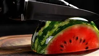 A cinematic shot in a hand a matte black nitrile glove is precisely slicing perfect watermelon#asmr