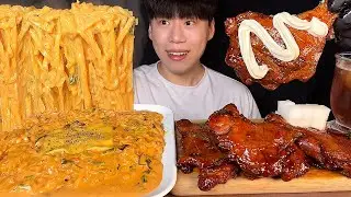 SUB) Korean food creamy noodles & grilled chicken legs mukbang asmr