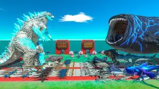 Dinosaurs revolt battle with GODZILLA 2014 Ice Frostbite + Giganotosaurus VS Team BLOOP + MEGALODON