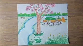 How to draw spring season scenery- step by step||scenery drawing tutorial||colour pencil art idea||