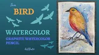 Drawing watercolor image of a bird. A bird on a branch