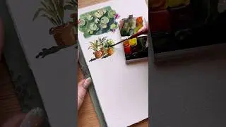 Tiny watercolor study: potted plants. I’m using a size 4 round brush and letter sparrow watercolors