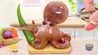 Harvest Tomatoes and Cooking Healthy Octopus with Sauce in Mini Kitchen - Miniature Cooking