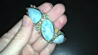 Серебряный браслет-обруч Ларимар & Изумруд