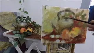 Чайник и яблоки. Натюрморт. Живопись маслом.