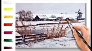 The windmill & reed. Fall landscape. How yo paint🎨ACRYLIC tutorial DEMO