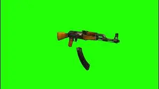 AK-47 kalashnikov, three quarter front view right, fire and reload, green screen