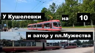 10 у Кушелевки, или задержка перед Мужества у трамваев СПб 14-*: 71-631-02.02 5233 по №10 (02.09.24)