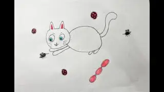 Рисуем белого кота, который охотится на мышку.