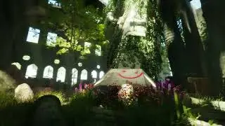 3D environment animation of a ruin church with a robot foot