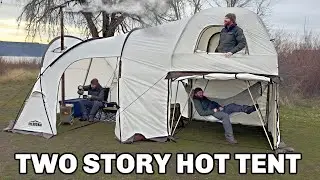 Camping in a GIANT TWO-STORY Hot Tent!