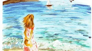 Как нарисовать девушку у моря по шагам, гуашью. Правополушарное рисование, девушка на море поэтапно.