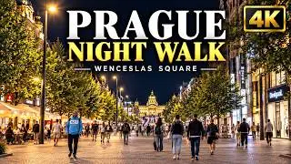 Prague Night Walking Tour 4K 🇨🇿 | Wenceslas Square to Powder Tower