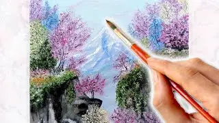 Рисование маслом разноцветных деревьев на скалах