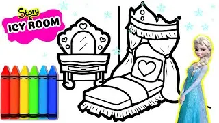 Bedroom Drawing and Coloring page for kids - Story: ICY ROOM - How to draw Elsa's Bedroom