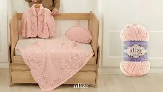 Alize Velluto ile Zincir İşi Detaylı Bebek Battaniyesi ve Hırkası