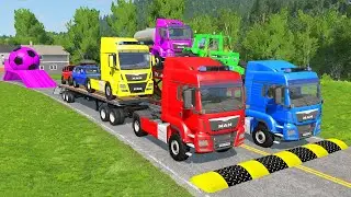 Flatbed Trailer Cars Transportation with Truck - Speedbumps vs Cars vs Train - BeamNG.Drive
