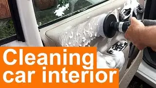 Cleaning car interior with brush and drill