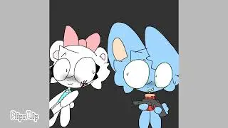 first time drawing Pretty blood (red snow my fav character)(Bloon(the blue bunny)Rinny(the killer)
