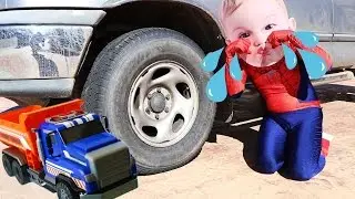 Bad Joker RUNS OVER SpiderBaby DUMP TRUCK TOY! w/ Spidergirl & Paw Patrol Rubble in Real Life
