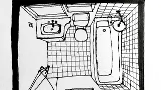 How to sketch a bathroom in One Point Perspective Top View #architecture #perspective