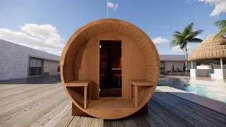 Outdoor red cedar panoramic barrel sauna with wood burning stove.