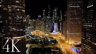 Droning through Wolf Point the Heart of Chicago at Night 4K Video Downtown