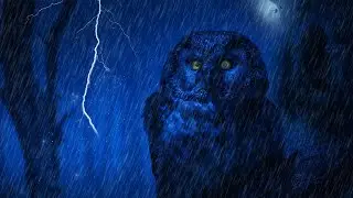 Rain in the woods.The sound of heavy rain, thunderstorms, owl sounds, night birds. Sleep sounds.