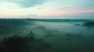 Сказочный лес в тумане с высоты птичьего полёта /4K video/