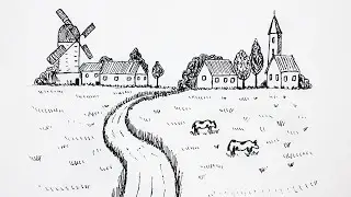 How to Draw a Farm with Cows Easy Step by Step | Farm Drawing | Cow drawing