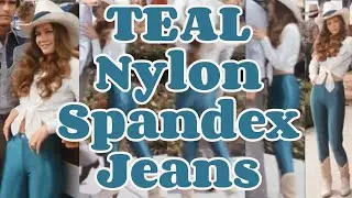 MARY CROSBY (Dallas) In TEAL (Green) Nylon Spandex Disco Pants Rock Jeans