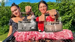 Divine Medium-rare Steaks Under 100-year-old irons without an outlet!