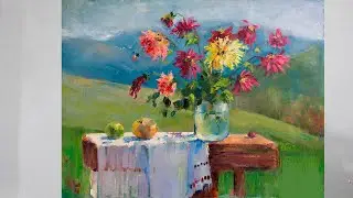 Acrylic GEORGINS and MOUNTAINS Painting