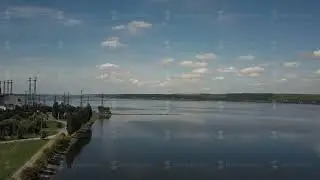 Aerial photography of a lake on a background of blue sky and white clouds city of Burshtyn, Ukraine