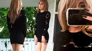 CROSSDRESSER IN BLACK DRESS + ORANGE HEELS